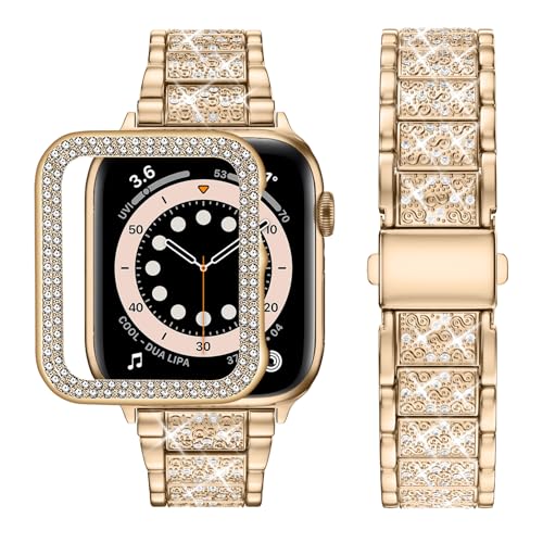 wutwuk Glizterarmband Kompatibel mit Apple Watch 10 Armband 42mm Rose Gold Metall Damen Diamant Strassstein Harter PC Schutzrahmen Ultradünner Schutzhülle Frauen von wutwuk