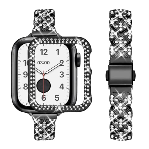 wutwuk Kompatibel mit Apple Watch Armband 45mm Damen für Apple Watch Series 9 8 7 Harter PC Gehäuse mit Strass-Steinen Diamant Gestell Schutzhülle Stoßstange für iWatch Armband 45mm Schwarz von wutwuk