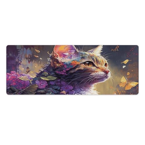 wuzihanptpt Großes GamingMauspad mit Fantasie und bunten Katzenmotiven mit genähten Kanten erweitertes Mauspad mit Rutschfester Unterseite aus Naturkautschuk für Gamer Desktop Büro Zuhause 30 x 80 cm von wuzihanptpt