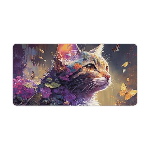 wuzihanptpt Großes GamingMauspad mit Fantasie und bunten Katzenmotiven mit genähten Kanten erweitertes Mauspad mit Rutschfester Unterseite aus Naturkautschuk für Gamer Desktop Büro Zuhause 30 x 60 cm von wuzihanptpt