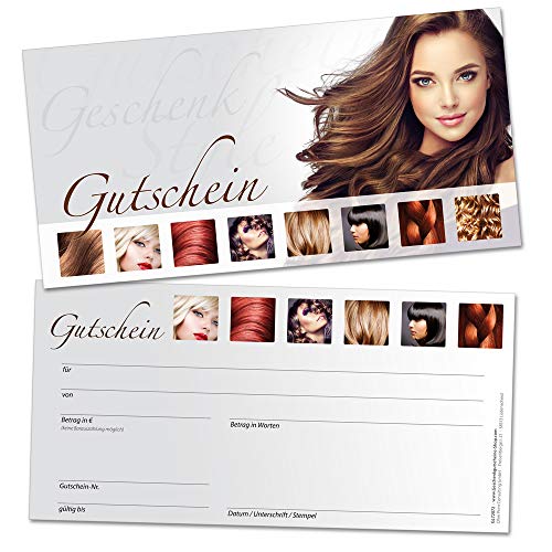 Geschenkgutscheine für Kunden, Friseur Haarstudio, 50 edle Karten, blanko, selbst beschriften mit Betrag, Name, Firmen-Stempel von www.geschenkgutscheine-shop.com