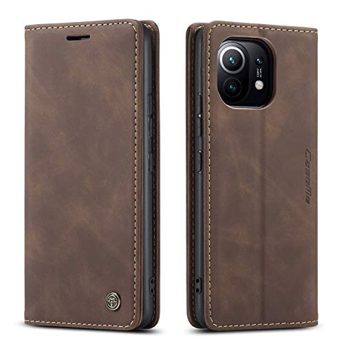 xinyunew Cases Kompatibel mit Xiaomi Mi 11 5G Hüllen, Premium Dünne Ledertasche Handyhülle mit Kartenfach Ständer Flip Klapphüllen for Cases Xiaomi Mi 11 5G - Kaffee von xinyunew