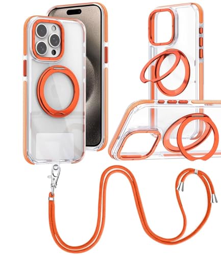 xinyunew HandyHülle für iPhone 16 Hülle mit Band, [Kompatibel mit Magsafe] Transparente Silikon Stoßfest Handykette Schutzhülle Ring Ständer Case mit Kette Kordel zum Umhängen orange von xinyunew