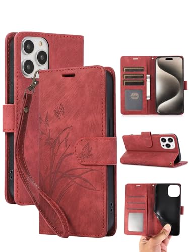 xinyunew Handyhülle für iPhone 14 Pro Hülle [mit iPhone 14 Pro Schutzfolie], Premium Lederhülle Schutzhülle, Magnet Kartenfach Klappbar Flip Case Tasche, Kartenfach Hülle-Rot von xinyunew