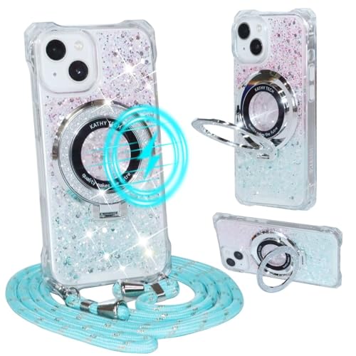 xinyunew Handykette Kompatibel mit iPhone 12 Hülle mit MagSafe Band Glitzer Transparent Case Kameraschutz Silikon Schutzhülle mit Kordel zum Umhängen Mädchen Handyhülle - Pulverblau von xinyunew