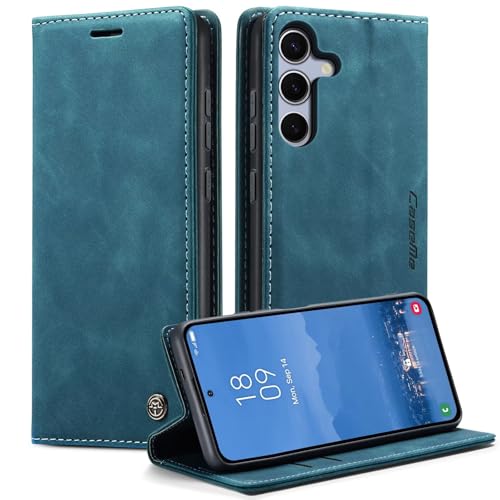 xinyunew Hülle für Samsung Galaxy S25 Vintage Dünne Handyhülle mit Kartenfach Geld Slot Ständer PU Ledertasche Flip Schutzhülle für Samsung Galaxy S25- Blaugrün von xinyunew