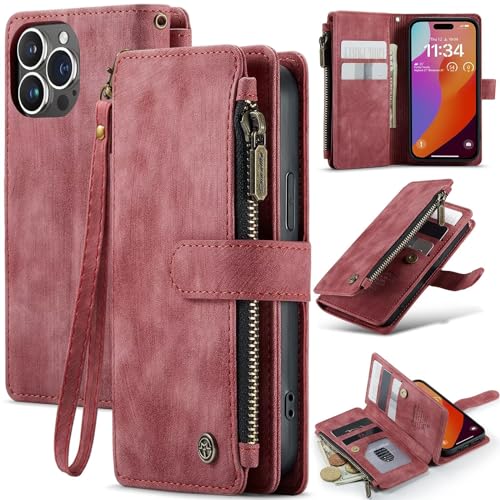 xinyunew Hülle für iPhone 16 Pro Max, viele Kartenfäche Retro Leder Geldbörse Stoßfest Flip Case mit Handschlaufe Standfunktion Reißverschluss Handyhülle Magnetverschluss Wallet– Rot von xinyunew