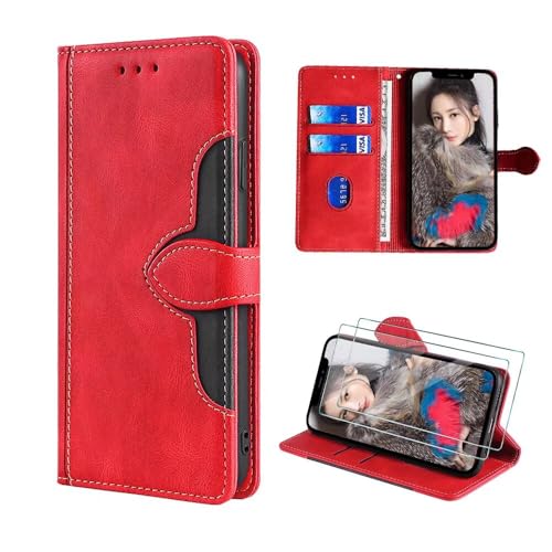 xinyunew Lederhülle für iPhone 16 Hülle mit 2 Stück Panzerglas Schutzfolie, PU Leder Flip Wallet Handyhülle für iPhone 16 Handyhülle-Rot von xinyunew