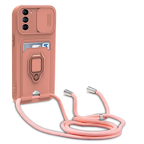 yanasuo Schiebe Kameraschutz Silikon Handykette Hülle kompatibel mit Motorola Moto G42 4G, Metall Ring Halter Handy Cover,Verstellbarer Halskette Handyhülle-Pink von yanasuo