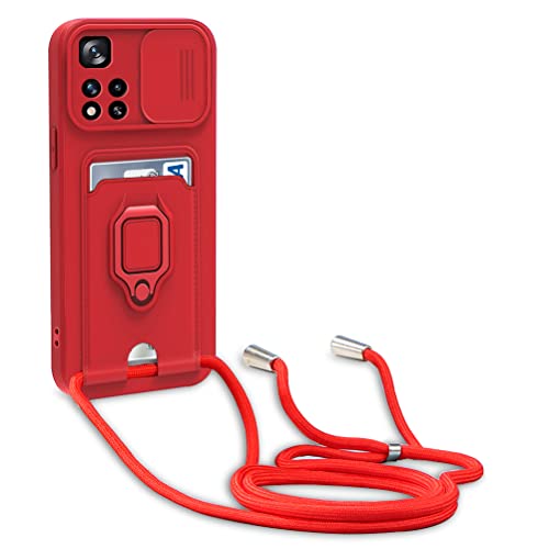 yanasuo Schiebe Kameraschutz Silikon Handykette Hülle kompatibel mit Xiaomi Redmi Note 11 Pro+ 5G/Note 11 Pro Plus, Metall Ring Halter Handy Cover,Verstellbarer Halskette Handyhülle-Rot von yanasuo
