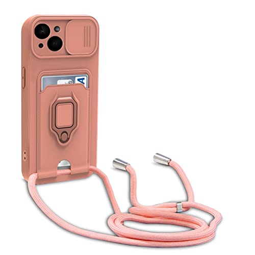 yanasuo Schiebe Kameraschutz Silikon Handykette Hülle kompatibel mit iPhone 14 Plus, Metall Ring Halter Handy Cover,Verstellbarer Halskette Handyhülle-Pink von yanasuo