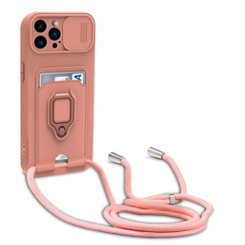 yanasuo Schiebe Kameraschutz Silikon Handykette Hülle kompatibel mit iPhone 14 Pro Max, Metall Ring Halter Handy Cover,Verstellbarer Halskette Handyhülle-Pink von yanasuo