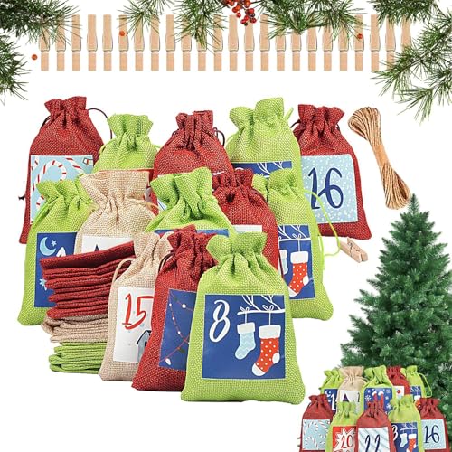 ycezw Weihnachts-Adventskalender-Beutel, wiederverwendbare Weihnachts-Kordelzugbeutel - 2024 Weihnachts-Süßigkeitstüten für Partygeschenke | Wiederverwendbare 24 x Leckerlibeutel aus Sackleinen mit von ycezw