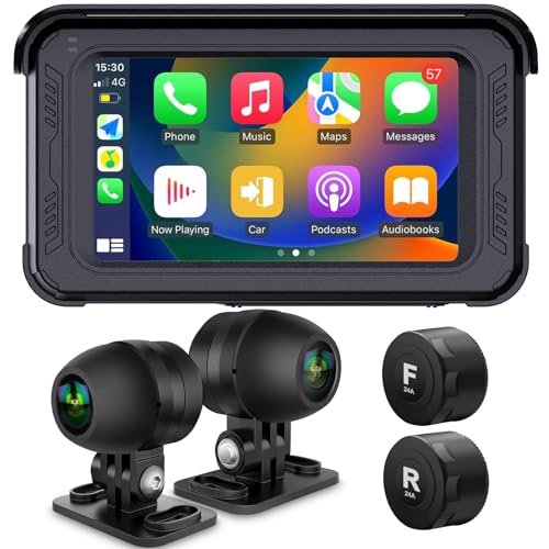 ydi wasserdichte Motorrad Dashcam mit Kabelloses CarPlay und Android Auto, 5'' IPS Touchscreen, HD1080P Kamera Vorne und Hinten, TPMS, Bluetooth, Wi-Fi, GPS, Maximal bis zu 256GB von ydi