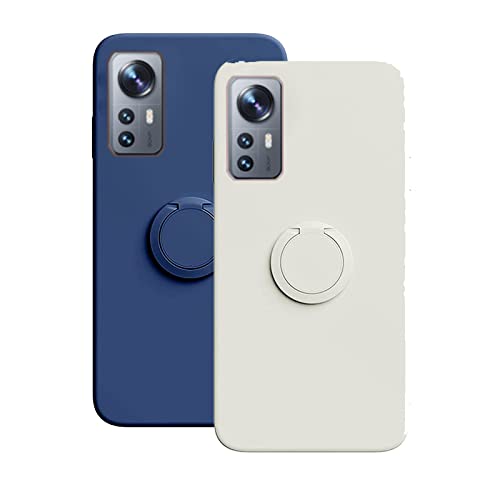 kompatibel mit Xiaomi Mi 12/12X Silikon Hülle,kratzfestes Mikrofaser-Futter,unterstützt magnetische Autohalterung,360 Grad Ring Halter Case-2 Stück-(Blue+White) von youmehe