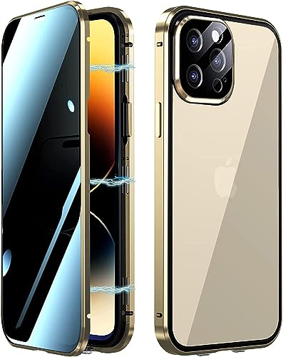 youmehe Anti-peep Magnetische Adsorption Handyhülle für iPhone 16 Pro(6.1)，Vollbild-Abdeckung Panzerglasfolie Sichtschutz,360 Grad Metallrahmen Magnet Case-(Gold) von youmehe