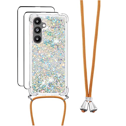 youmehe Handykette für Samsung Galaxy A54 5G Hülle,mit 2 Stück Schutzfolie,Glitzer Flüssig Bewegende Treibsand Transparent Silikon Case,TPU Silikon Ultra Dünn Stoßfeste Schutzhülle-Silber- von youmehe