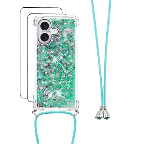 youmehe Handykette für iPhone 16 Plus(6.7) Hülle,mit 2 Stück Schutzfolie,Glitzer Flüssig Bewegende Treibsand Transparent Silikon Case,TPU Silikon Ultra Dünn Stoßfeste Schutzhülle-Grün von youmehe