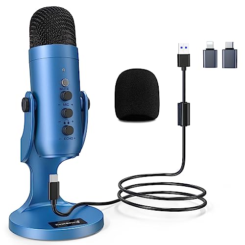 zealsound USB Mikrofon, Mikrofon Handy PC, Kondensatormikrofon mit Adapter für Smartphone, Laptop, PS4 & PS5, mit Echo/Stumm, für Aufzeichnung, ASRM, Streaming, Podcast, Gaming, Plug & Play, k66 Blau von zealsound