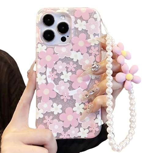 zjmriod Kompatibel mit iPhone 13 Pro Max Hüllen, niedliche, glitzernde florale Handyhülle mit floraler Perlenkette, kompatibel mit MagSafe-Silikon-Schutzhülle für Frauen und Teenager-Mädchen. von zjmriod