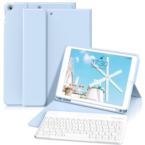 zoyu Tastatur Hülle für iPad 9. Generation / 8. Generation / 7.Generation 10,2 Zoll, Soft Silikon Rückseite Gehäuse Schutzhülle, Magnetische Bluetooth-Tastatur für iPad 9./8./7. 10,2 Zoll, Hellblau von zoyu